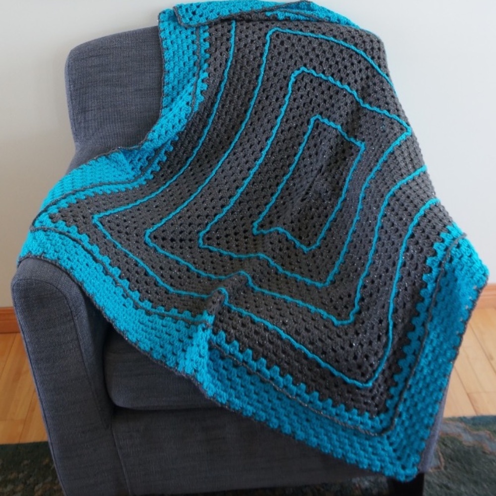 Turquoise and Pewter Sparkle Granny Square Crocheted Child/Baby Blanket